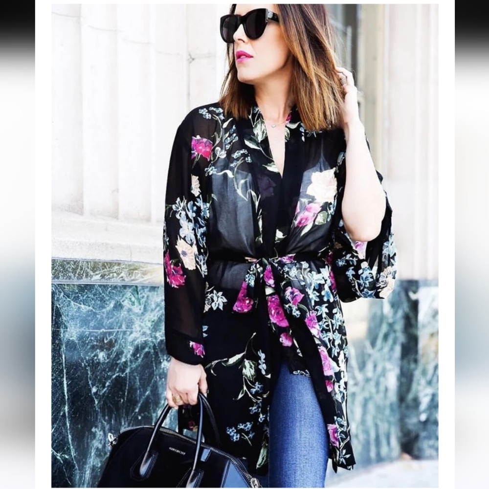 helena Quinn Georgette Kimono Coverup Sheer Black Floral One Size Fits All